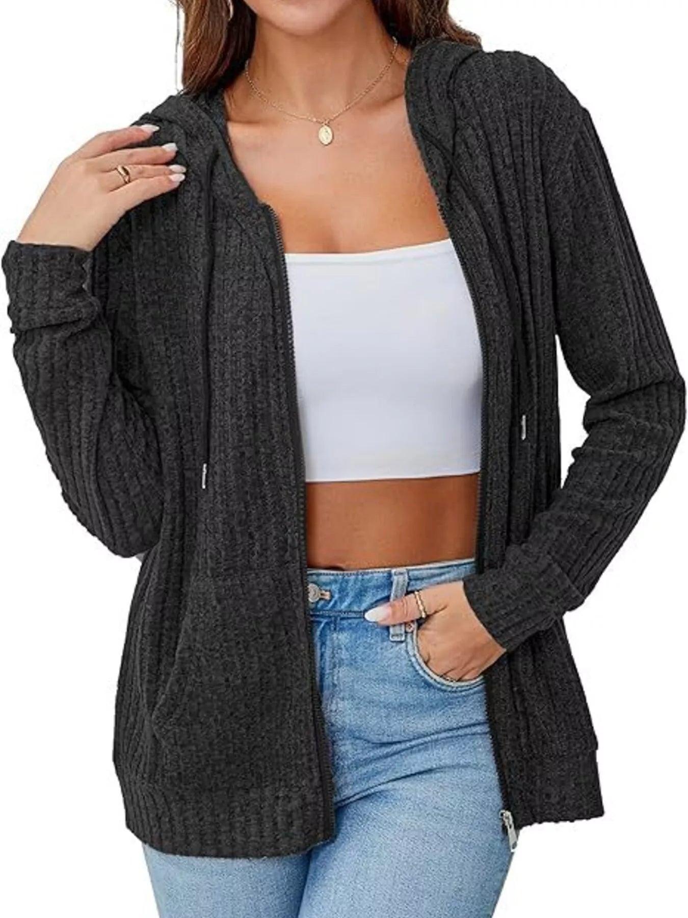 Ribbed Zip Up Hooded Outerwear