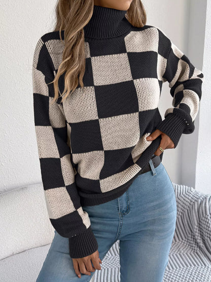 Checkered Turtleneck Long Sleeve Sweater
