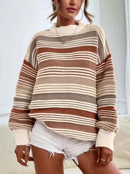 Rainbow Striped Drop Shoulder Oversized Sweater Brown