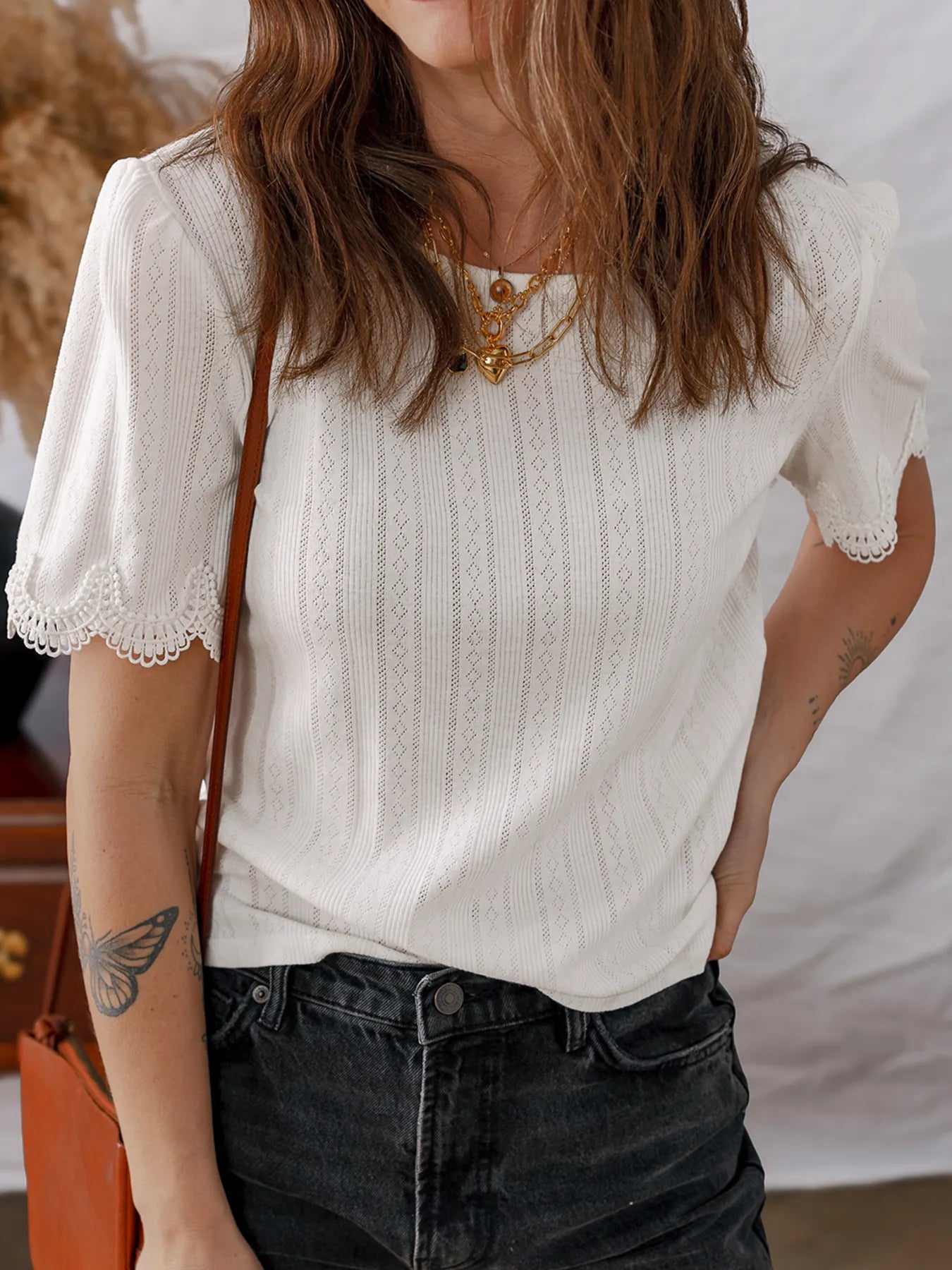 Scalloped Lace Trim Jacquard Textured T Shirt