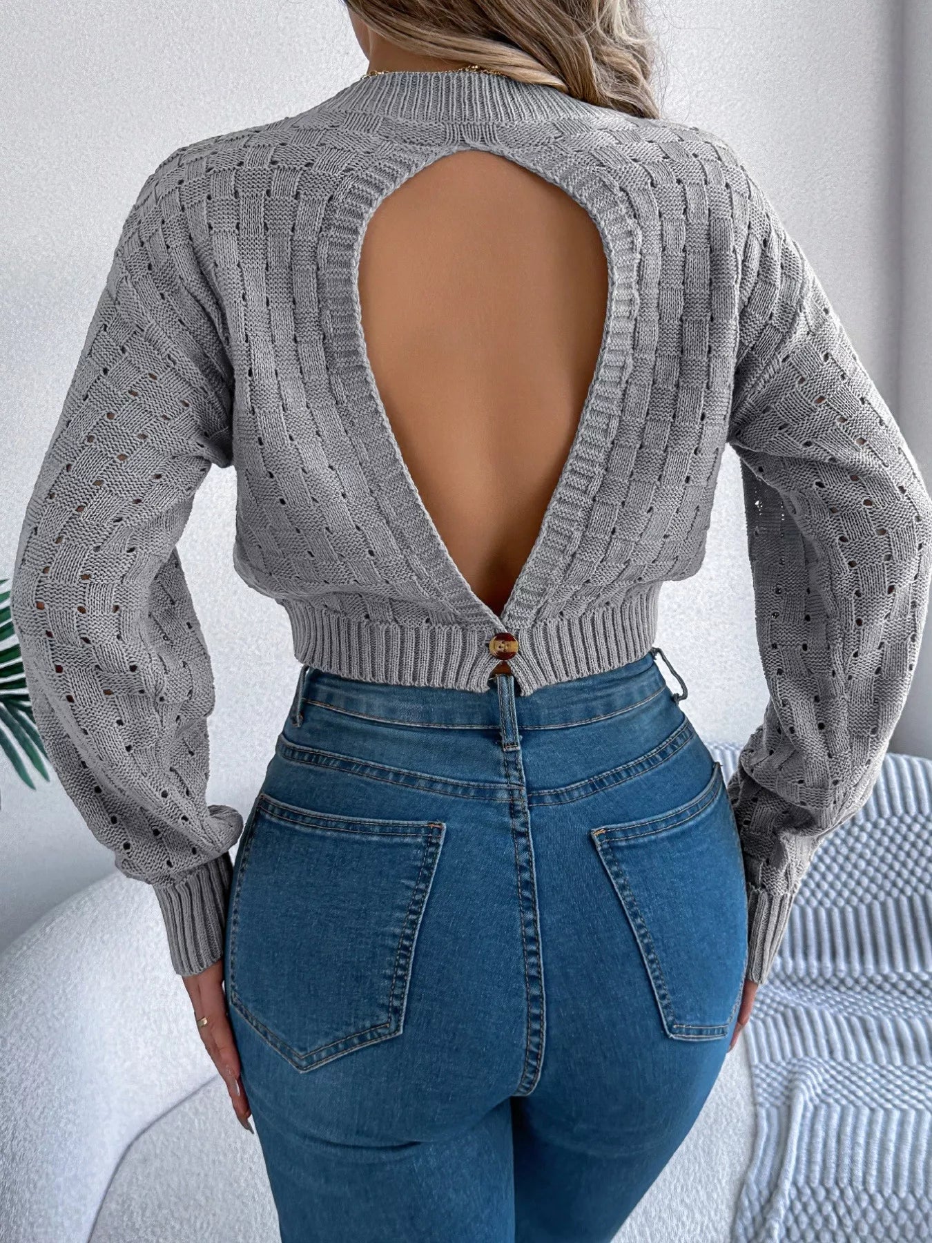 Cutout Back Openwork Round Neck Long Sleeve Sweater