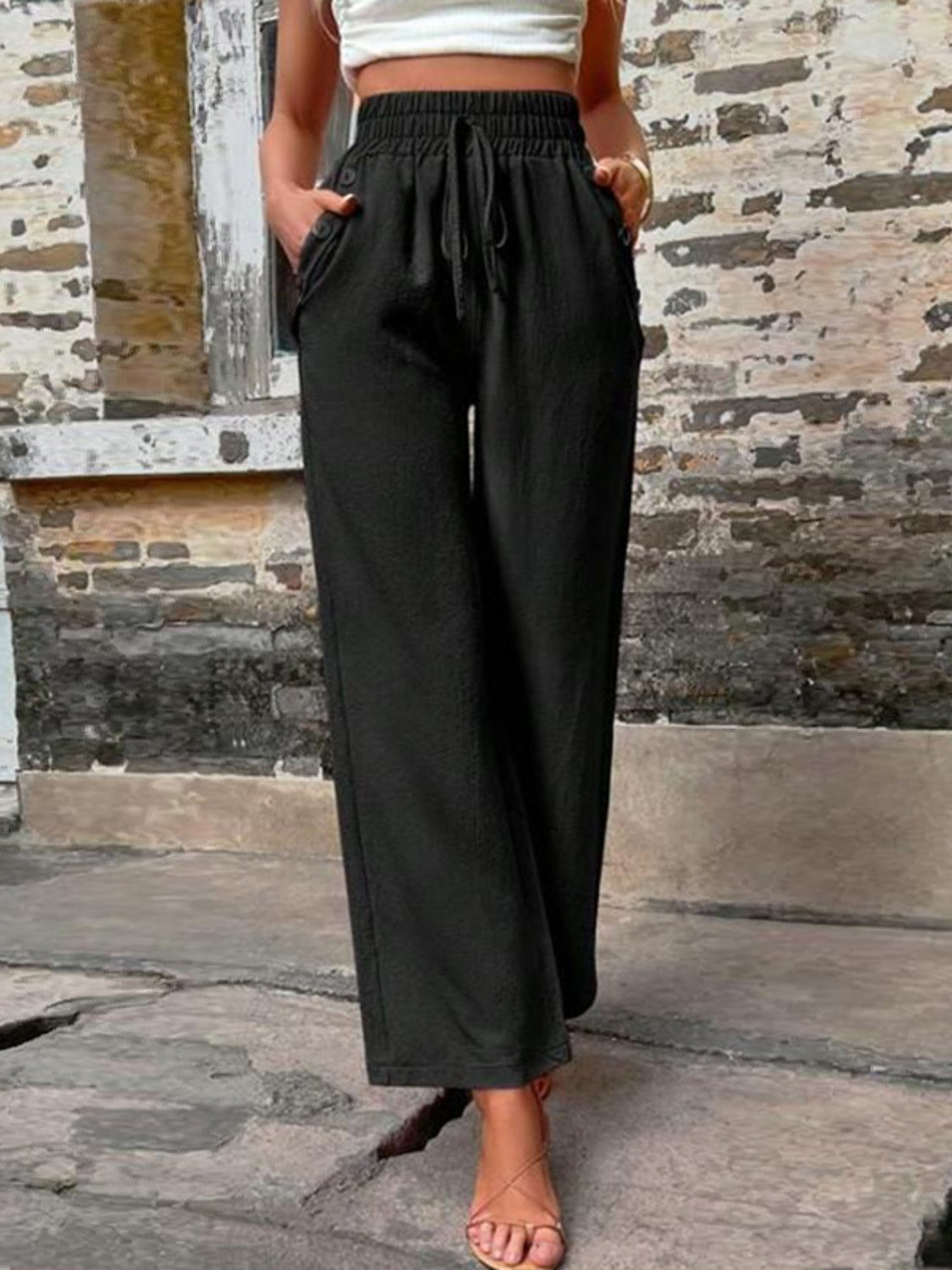 Tied High Waist Wide Leg Pants with Pockets Black