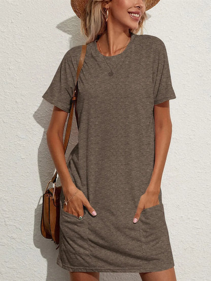 Pocketed Round Neck Short Sleeve Mini Tee Dress Olive Brown