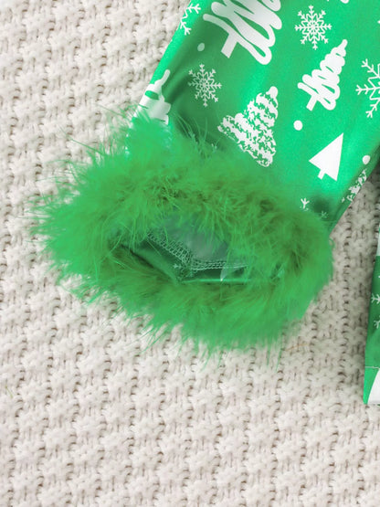 Children's Christmas Tree Print Fluffy Cuff Pajama Set