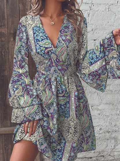 Paisley Print V-Neck Flounce Sleeve Dress Peacock Blue