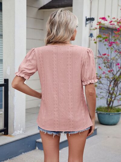 Eyelet Notched Short Sleeve Top