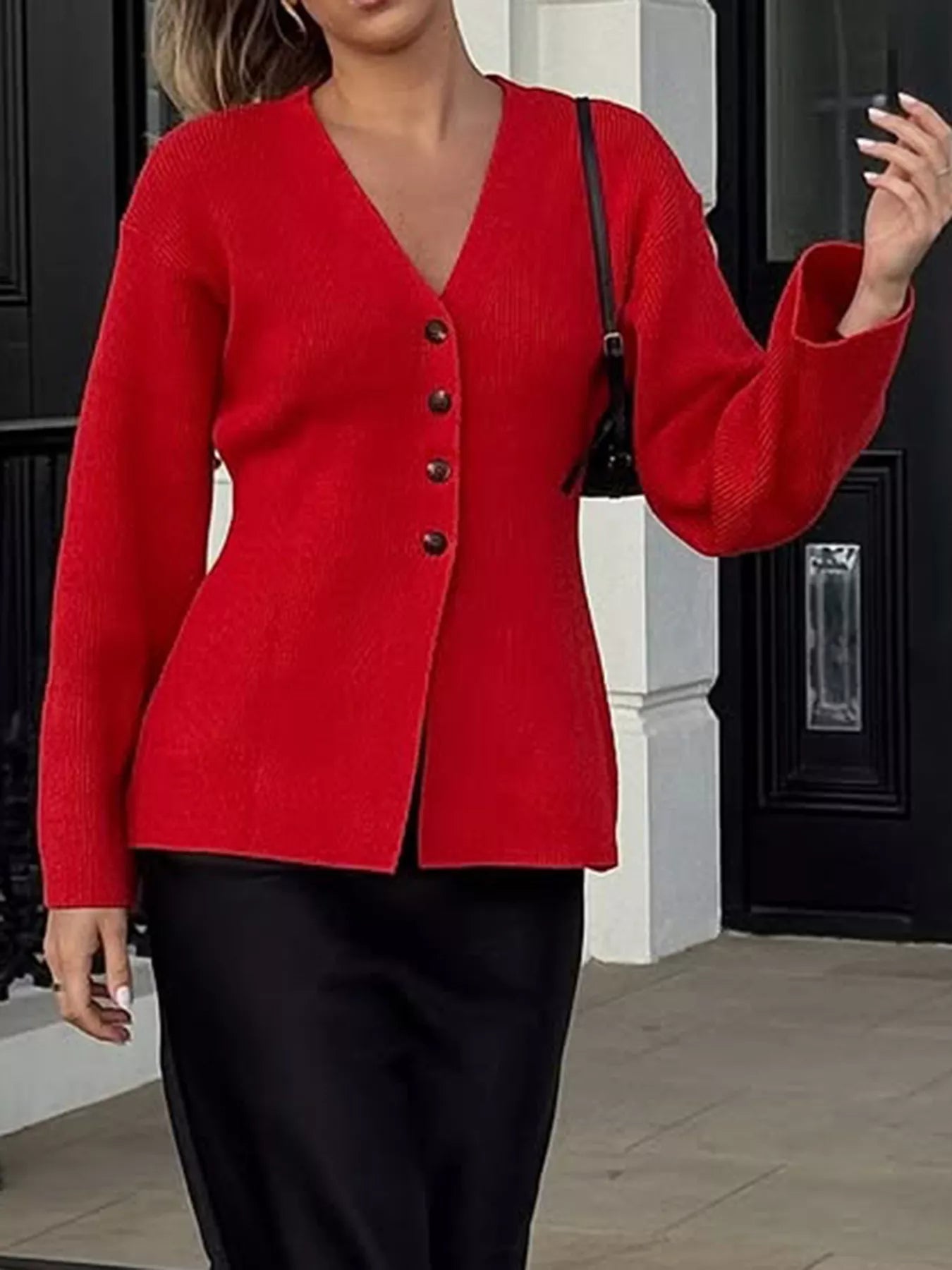 V-Neck Button-Down Knit Cardigan