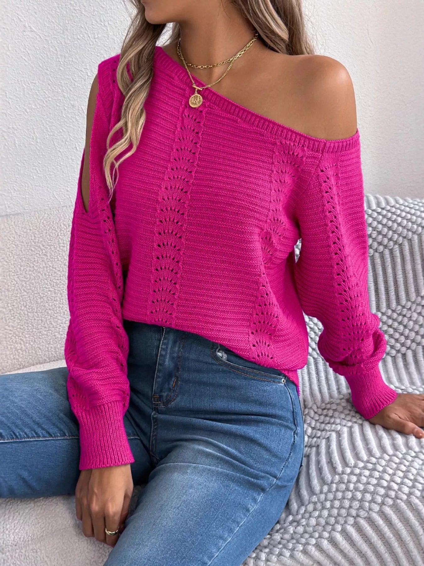Openwork One Shoulder Cutout Long Sleeve Sweater