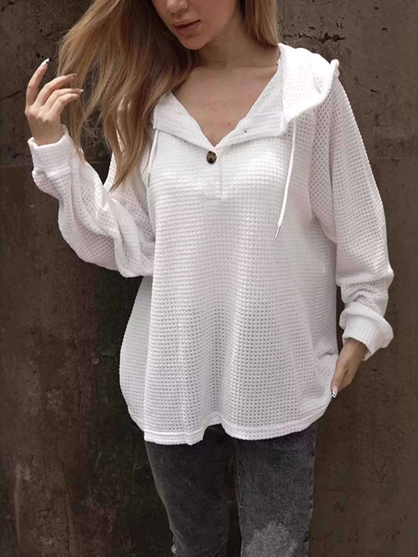 Waffle Knit Hoodie with Button Detail White