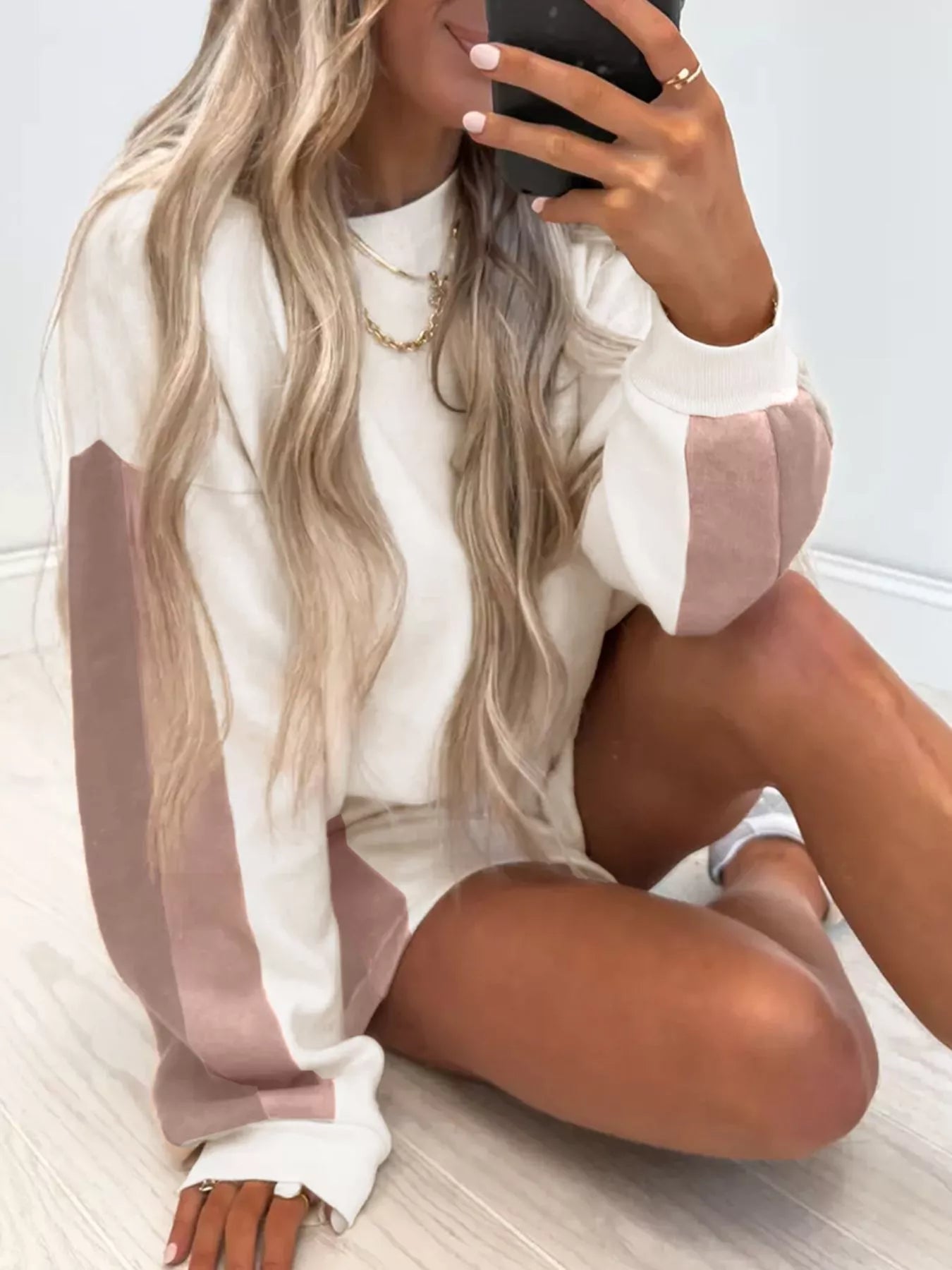 Color Block Patchwork Drop Shoulder Pullover and Shorts Set