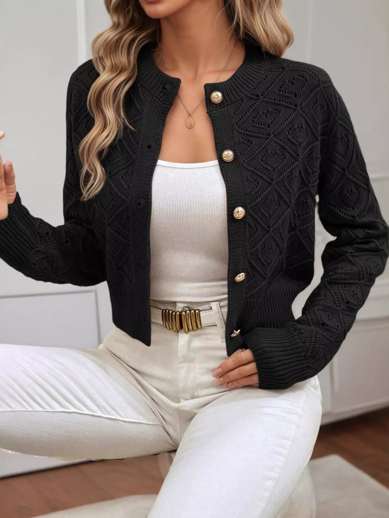 Openwork Button Up Long Sleeve Cardigan