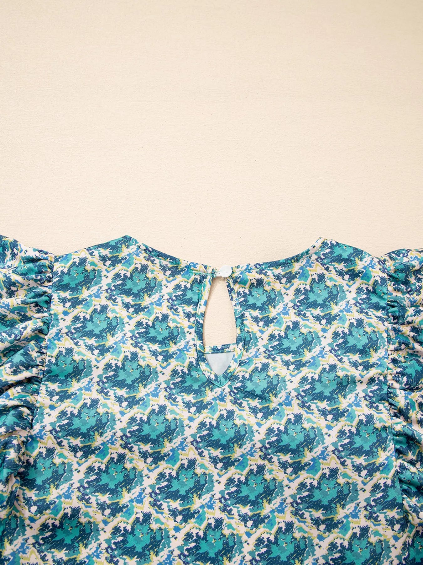 Abstract Print Shirred Cuff Ruffled Puff Sleeve Blouse
