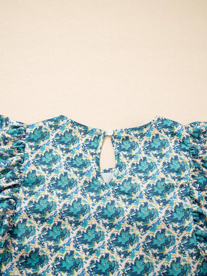Abstract Print Shirred Cuff Ruffled Puff Sleeve Blouse