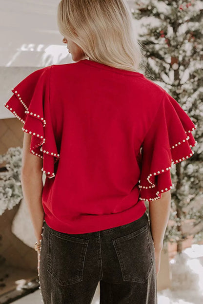 Ruffle Sleeve Pearl Embellished Knit Top