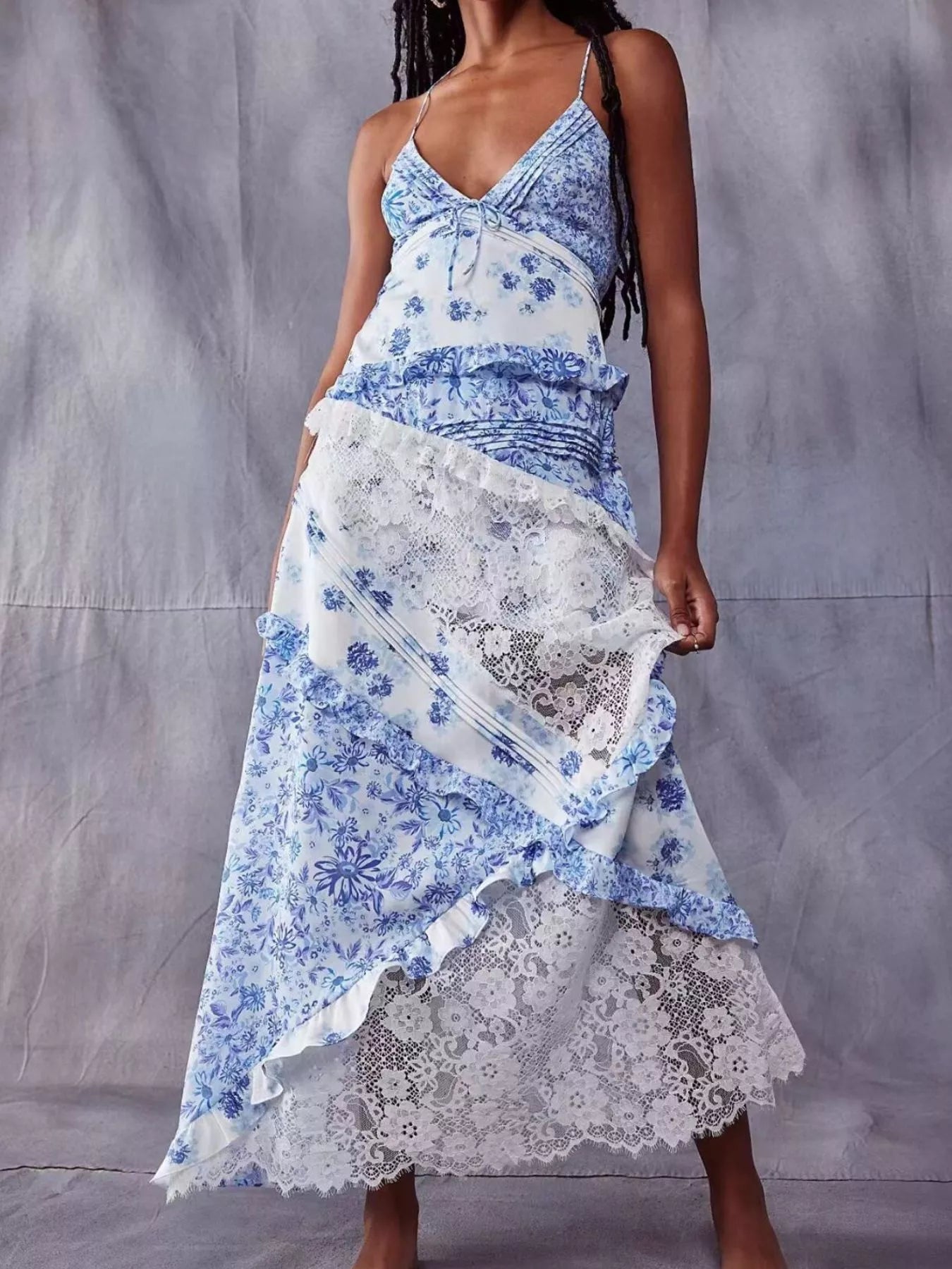 Lace Detail Ruffled Floral V-Neck Maxi Dress Blue