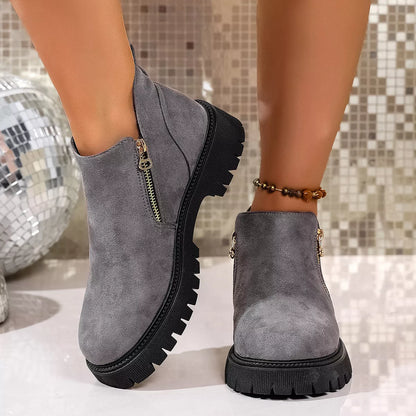 Round Toe Side Zip Ankle Boots Gray