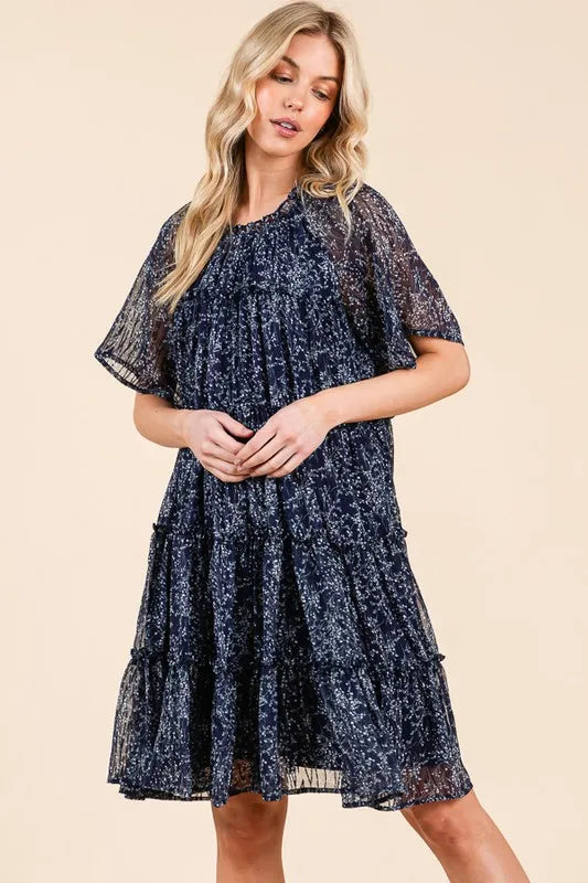 Lime 'N' Chili Ditsy Floral Print Sheer Ruffle Detail Mini Dress