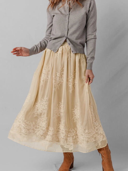 Embroidered Mesh Overlay Flowy Midi Skirt Oatmeal