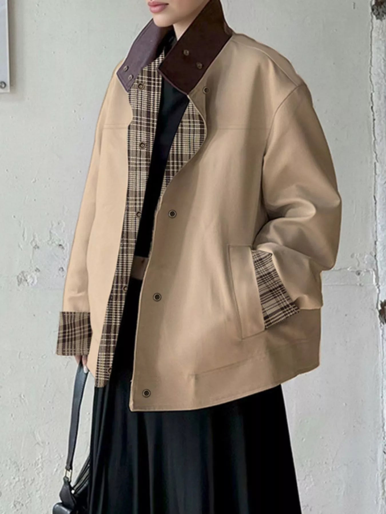 Contrast Plaid Snap Down Jacket Khaki