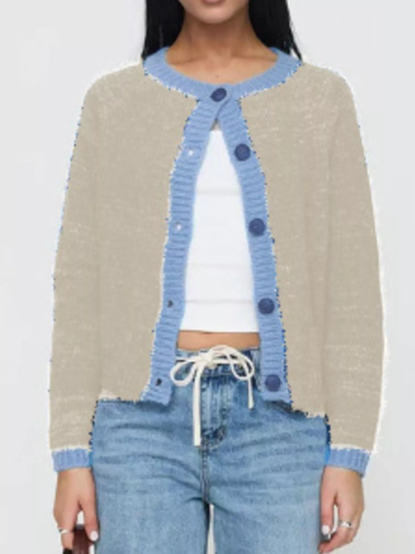 Contrast Trim Button-Up Cardigan Khaki