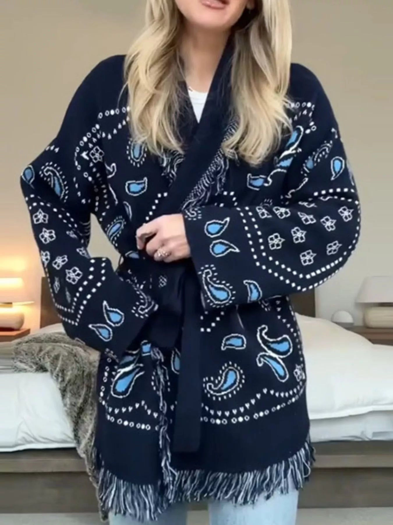 Printed Fringe Long Sleeve Cardigan