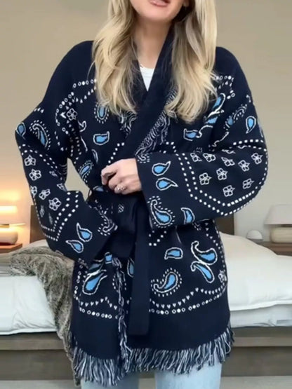Printed Fringe Long Sleeve Cardigan