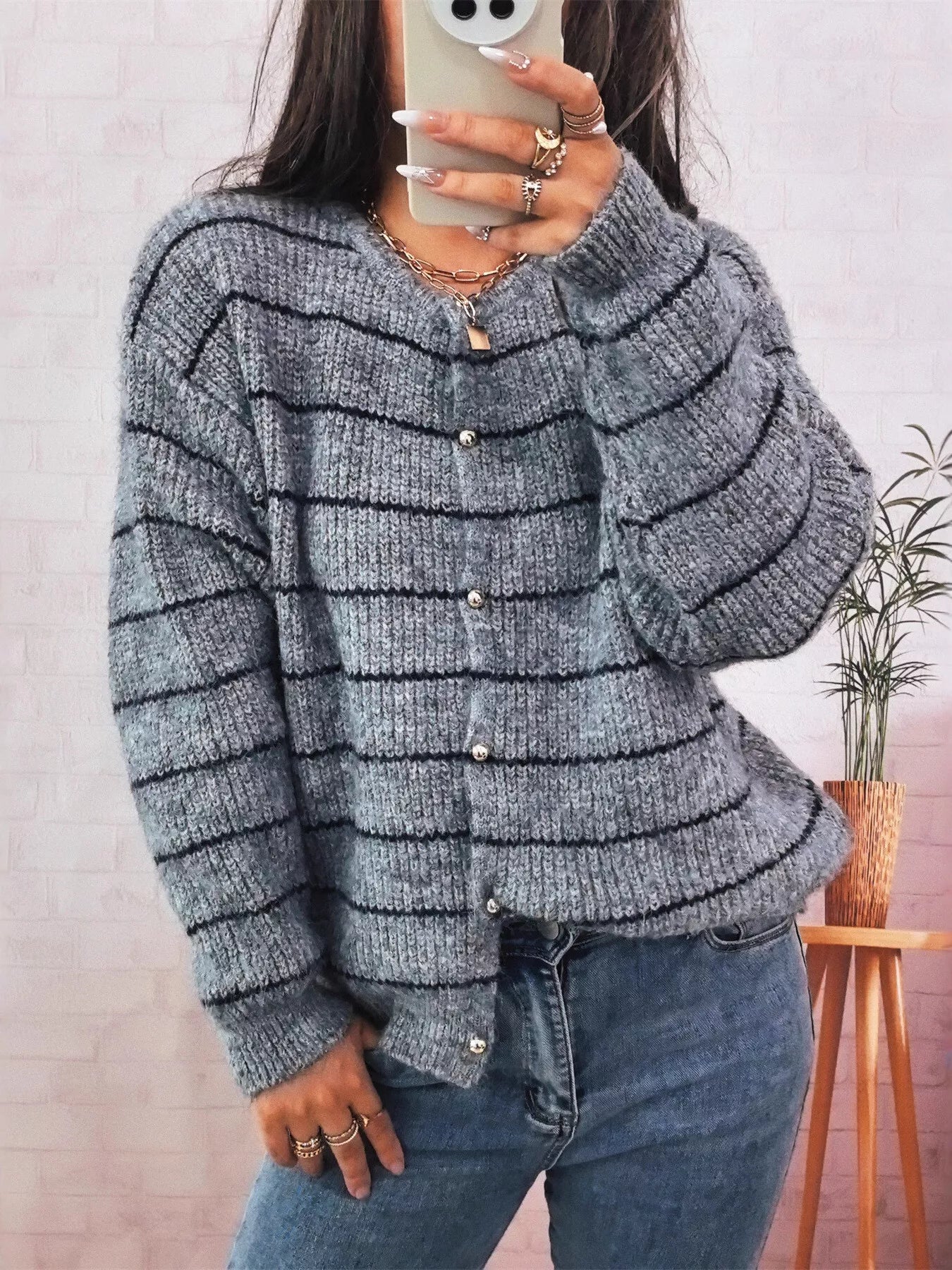 Striped Button Up Long Sleeve Cardigan Gray One Size