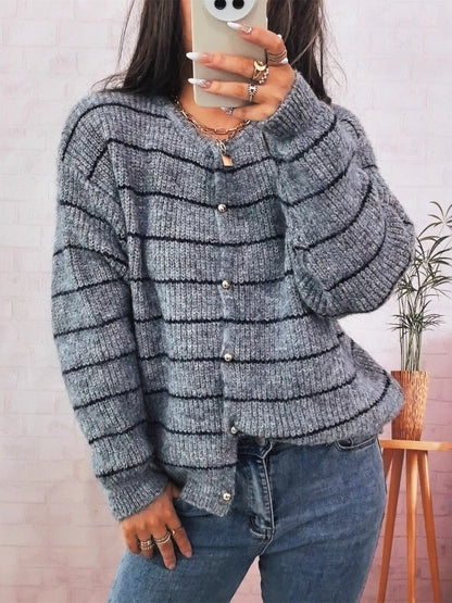 Striped Button Up Long Sleeve Cardigan Gray One Size