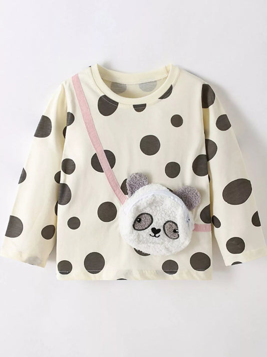 Children's Panda Applique Polka Dot Long Sleeve T-Shirt Beige