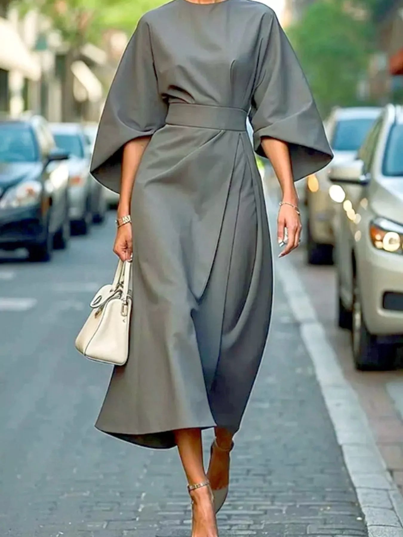 Round Neck 3/4 Sleeve Dress Gray