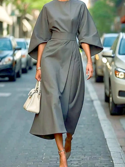 Round Neck 3/4 Sleeve Dress Gray