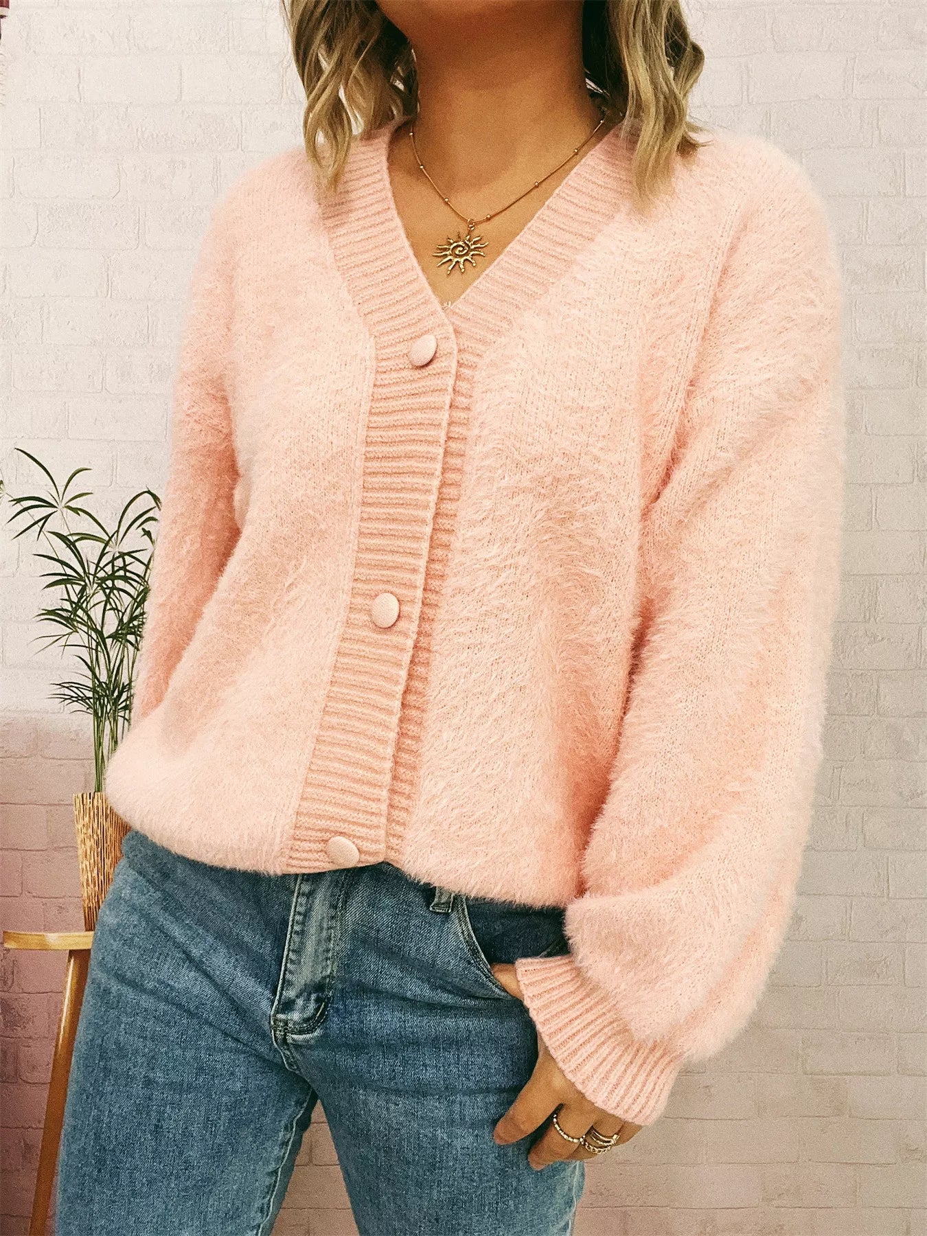 Fuzzy Button-Up Long Sleeve Cardigan
