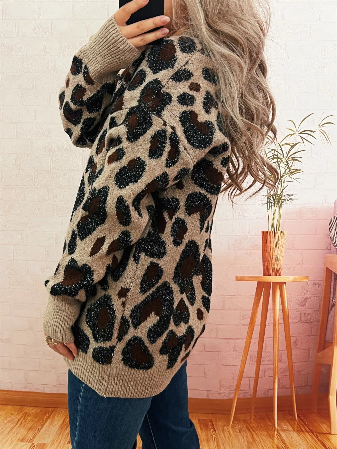 Leopard V-Neck Drop Shoulder Sweater
