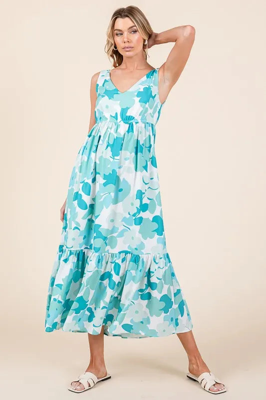 Lime 'N' Chili Sleeveless Floral Print V-Neck Midi Dress SEA FOAM