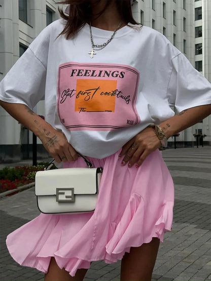 Elastic Waist Ruffled Hem Skirt Pink