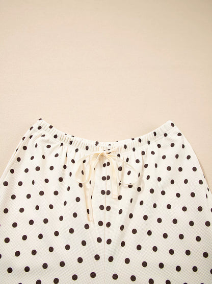 Polka Dot Notched Long Sleeve Top and Drawstring Joggers Lounge Set