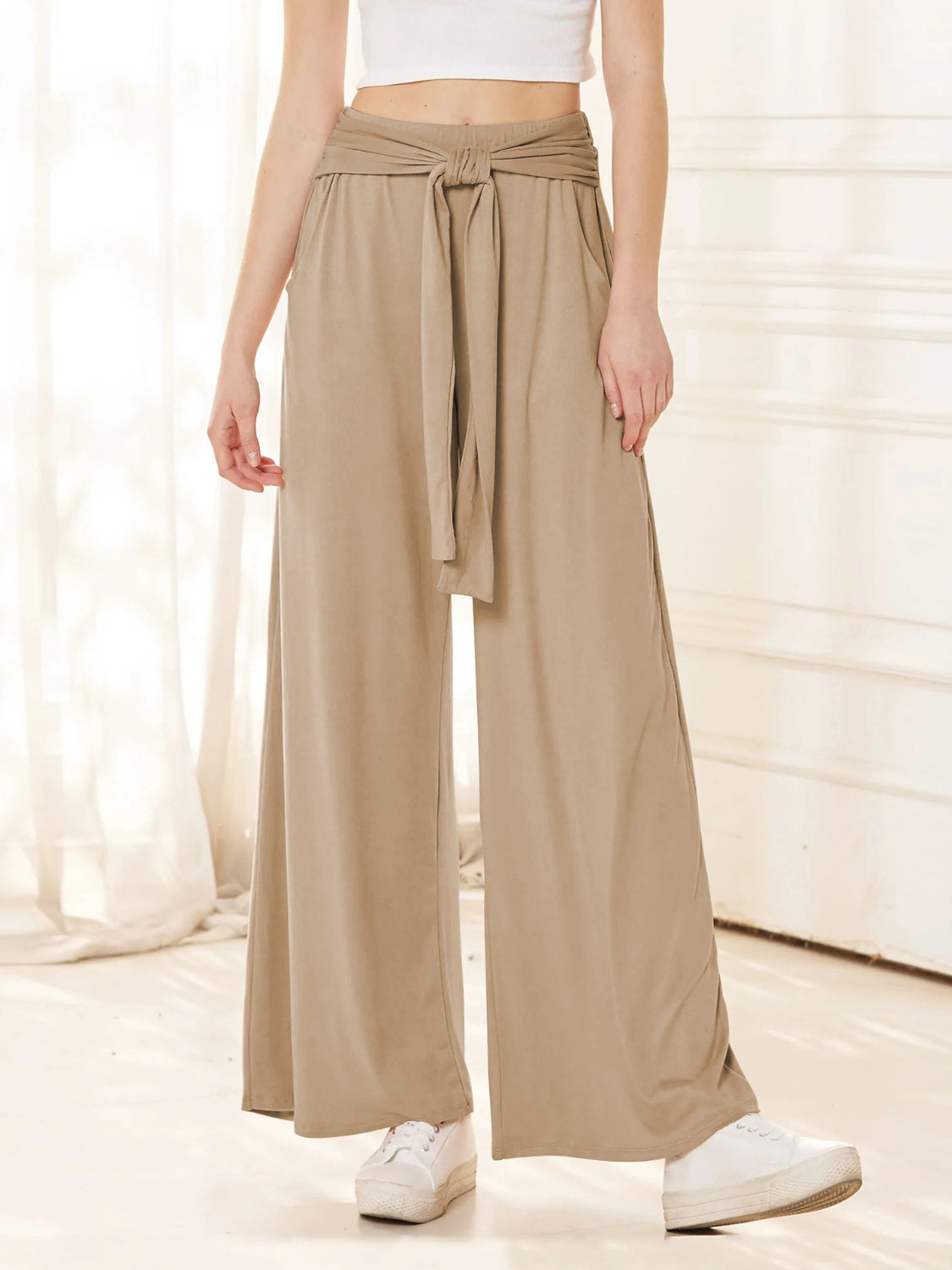 Tied Wide Leg Pants with Pockets Tan
