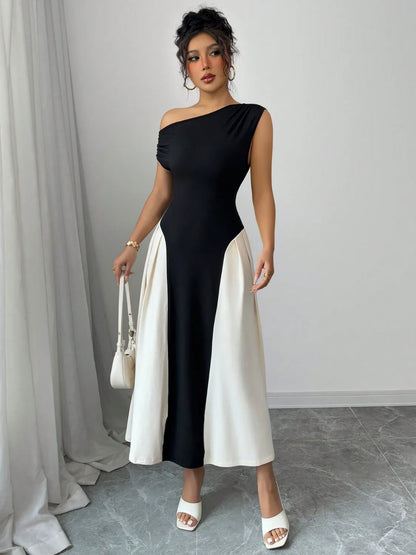 Contrast Single Shoulder Midi Dress