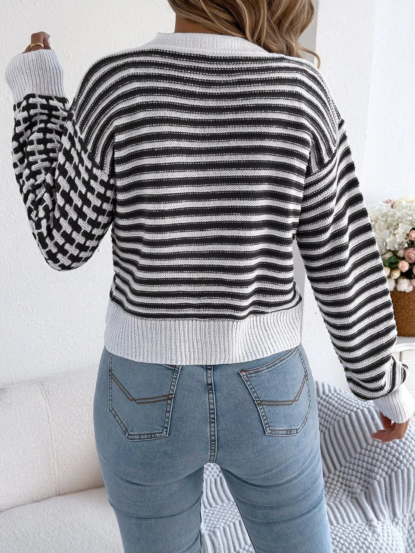 Striped Button-Up Cropped Cardigan