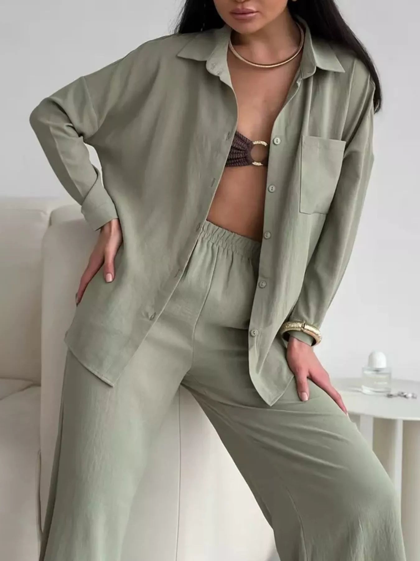 Button Up Long Sleeve Shirt and Pants Set