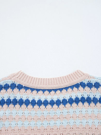 Stripe Eyelet Patterned Drop Shoulder Sweater