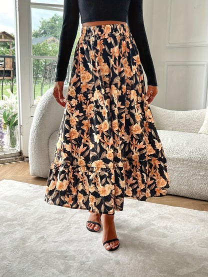 Floral Elastic Waist Midi Skirt Sherbet
