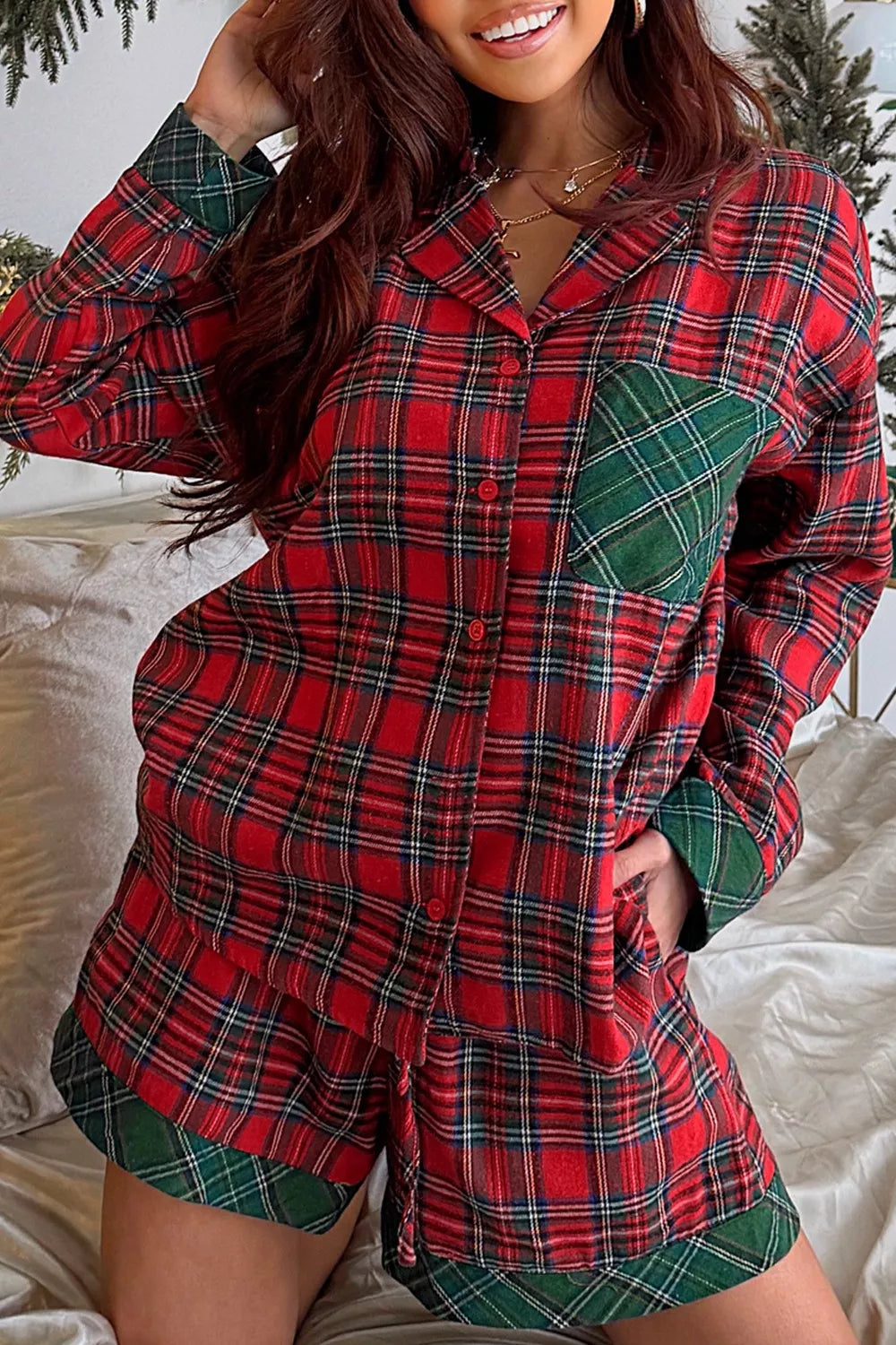 Plaid Contrast Patched Christmas Holiday Long Sleeve Shirt and Short 2pcs Pajama Set Deep Red
