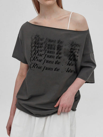 Letter Single Shoulder T-Shirt Grey