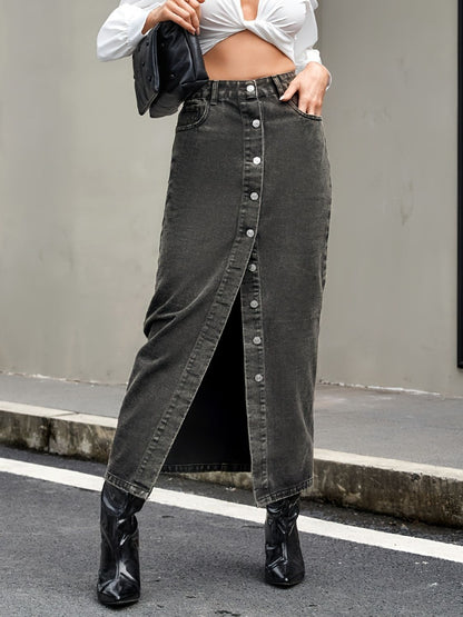 Button Up High Rise Denim Skirt Dark Gray