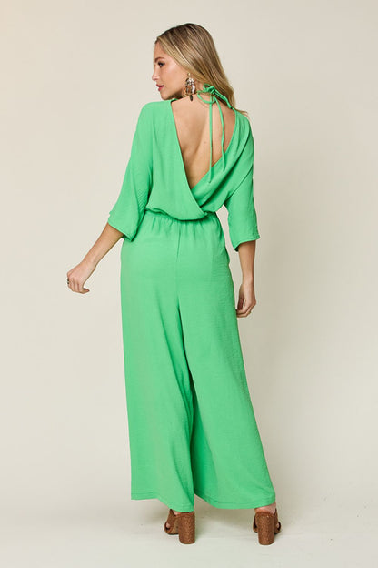 Tie-Waist Jumpsuit with Wide Legs and Short Sleeves