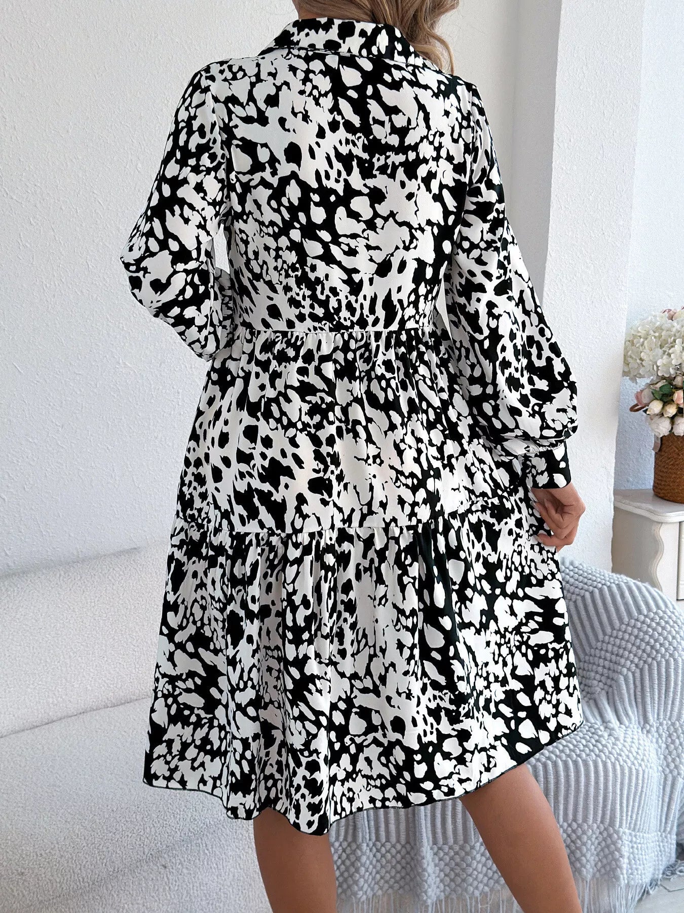 Printed Collared Neck Long Sleeve Dress