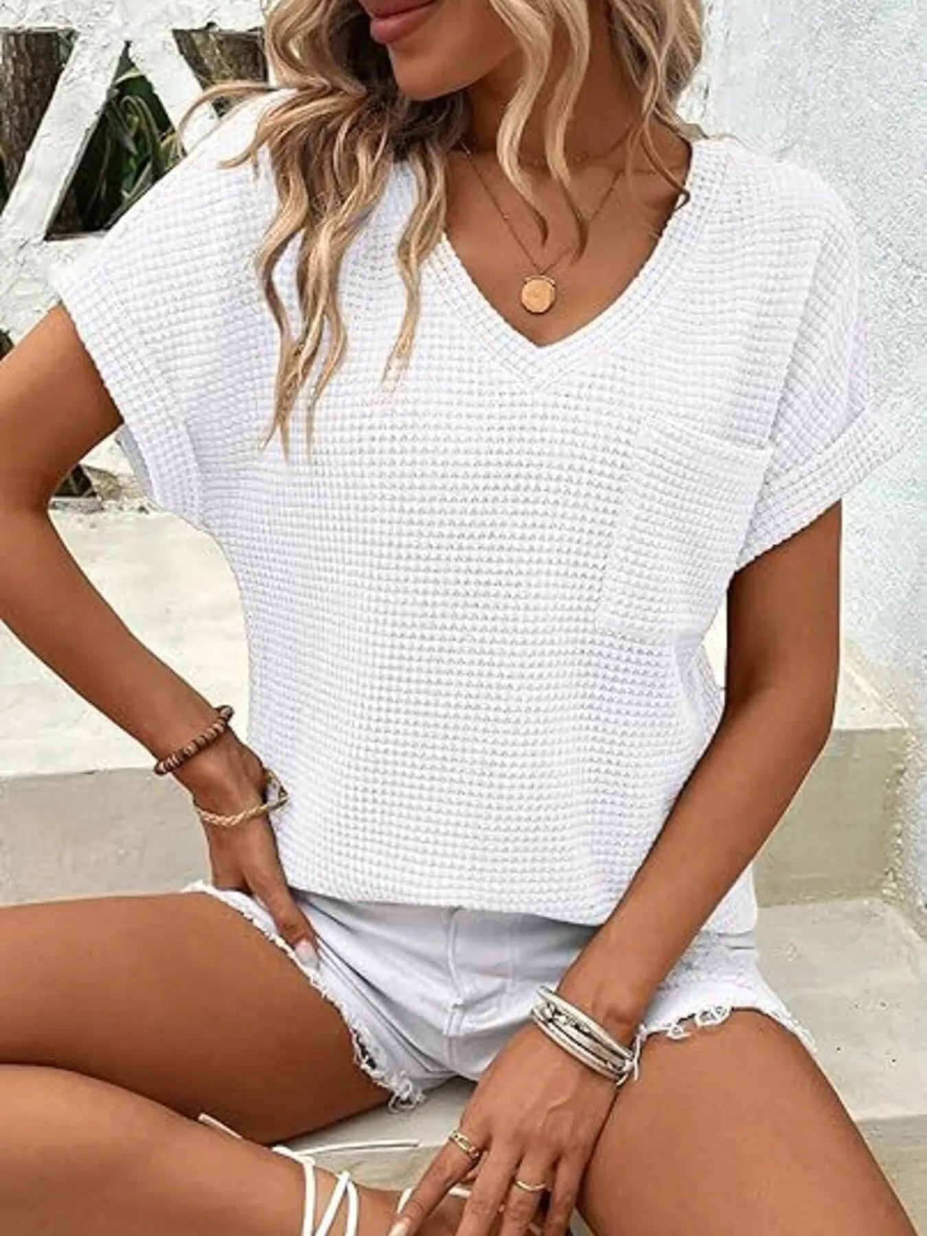 Waffle Knit V-Neck Casual T-Shirt