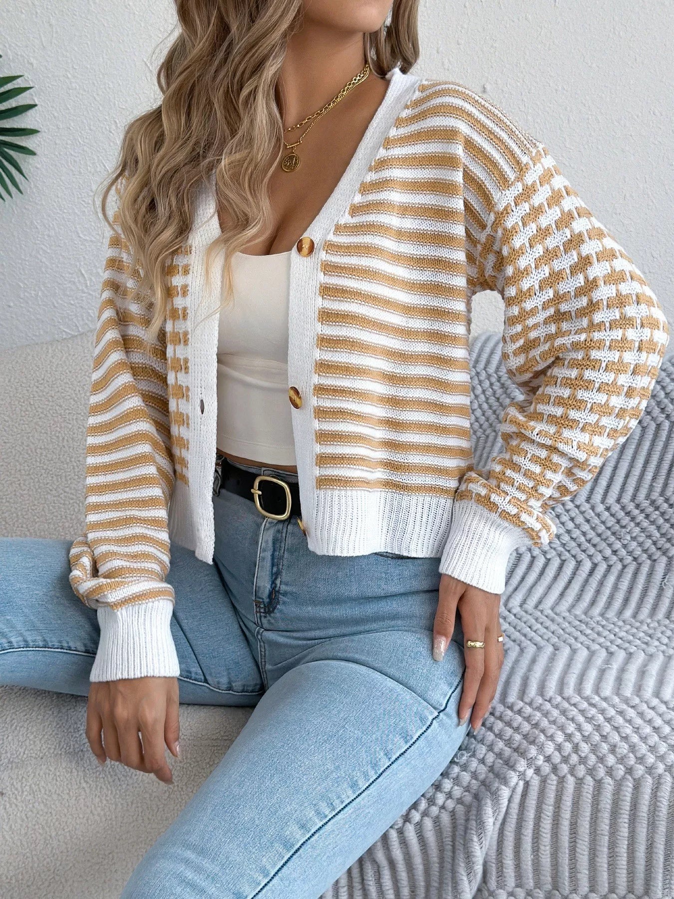 Striped Button-Up Cropped Cardigan
