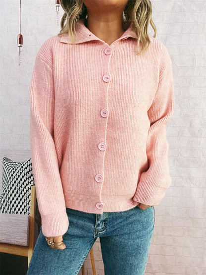 Ribbed Button-Up Cardigan Pink One Size